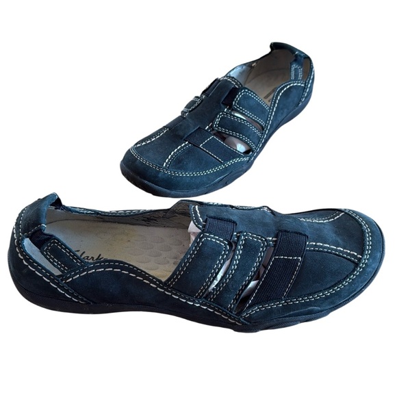 CLARKS HALEY STORK WOMENS SLIP ON SPORTY FLATS SHOES BLUE NUBUCK LEATHER SIZE 10 - Picture 1 of 13